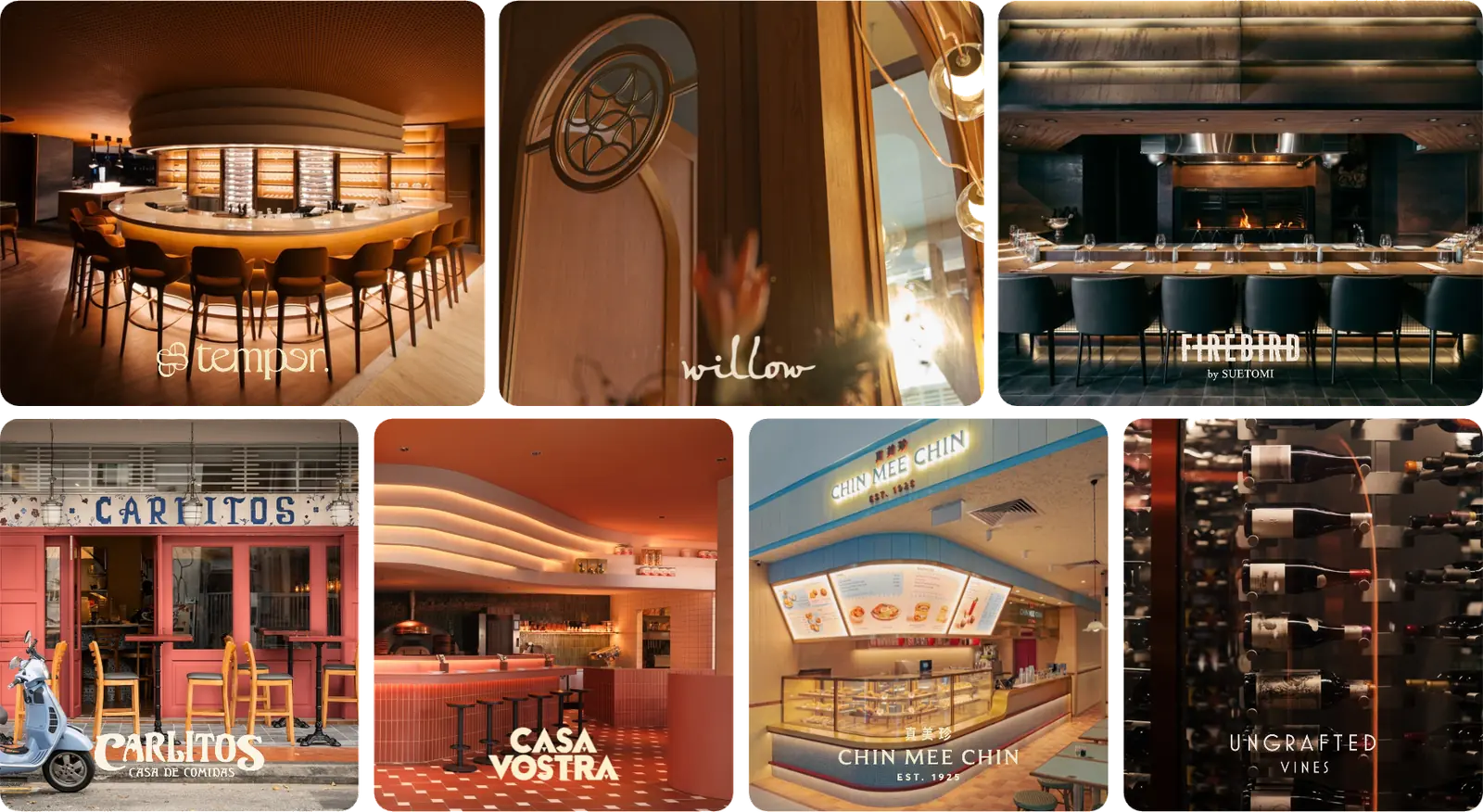 Seven of the group’s rooms, each with its brand name: temper., Willow, Firebird by Suetomi, Carlitos, Casa Vostra, Chin Mee Chin and Ungrafted Vines
