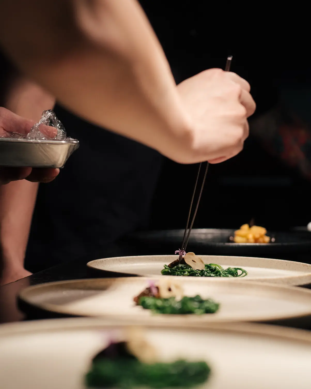 A chef finishing plates with tweezers