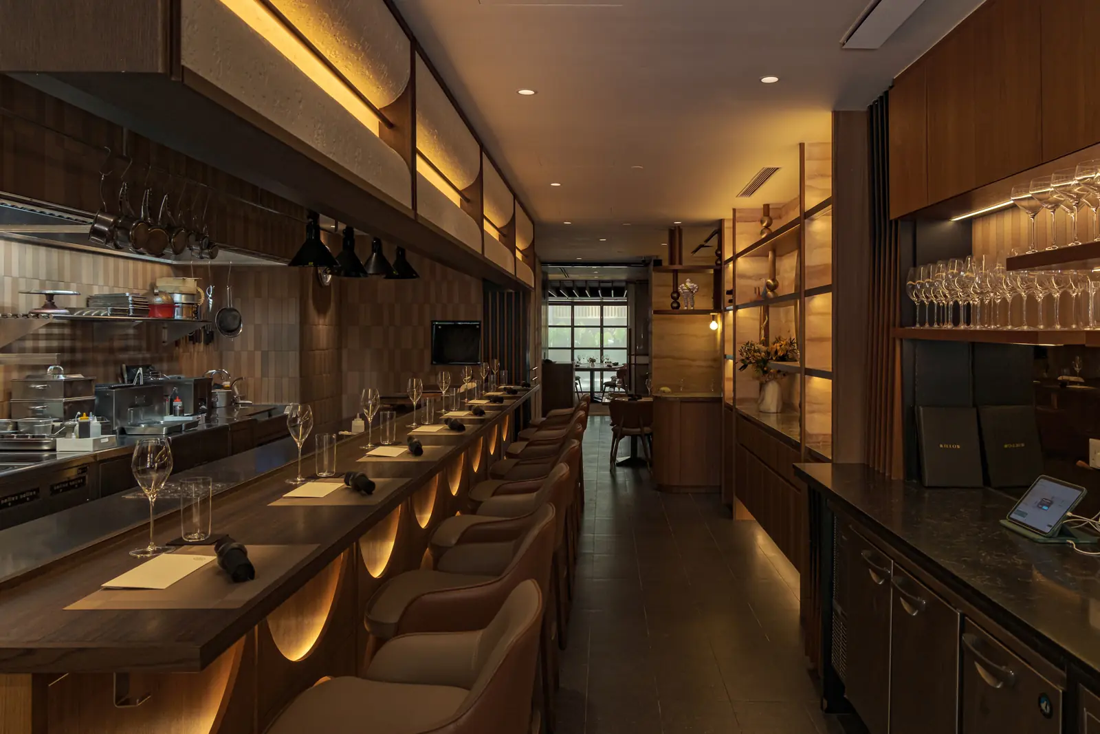 The long counter at Willow, set for service